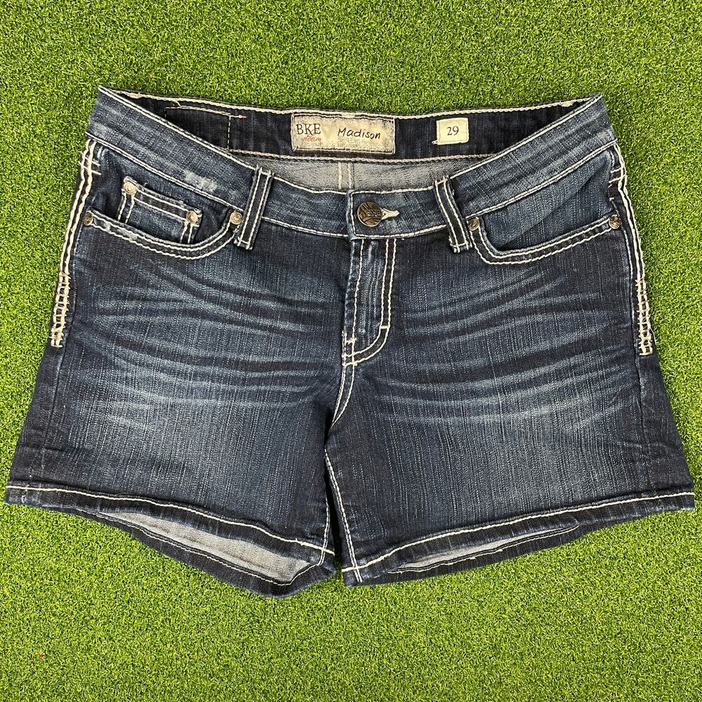 Vintage BKE Denim Madison Dark Wash Thick Stitch Rhinestones Jean Shorts Sz 29